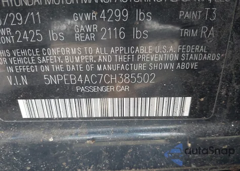 2012 Hyundai Sonata Gls from USA, damaged, VIN 5NPEB4AC7CH385502